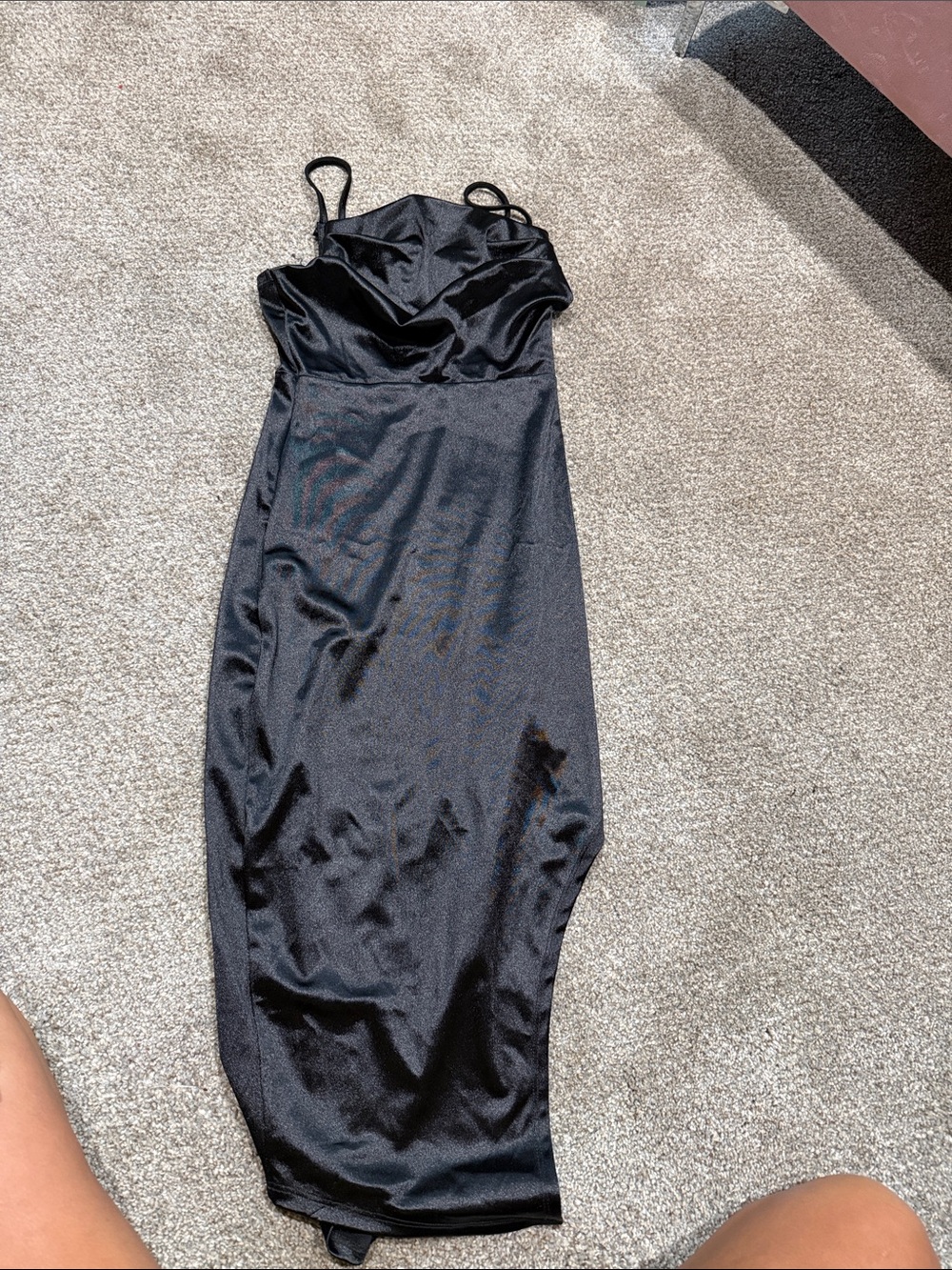 Sleek Black Satin Slip Midi Dress with Spaghetti Straps